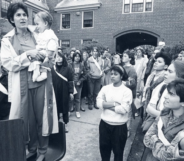 How much has changed in 30 years? Toby Simon, holding her son, Ben, at a 1985 rally at Brown University, at which students called for an end to sexual assault on campus. The rally was held in the Wriston Quad, where many of the fraternities are located.