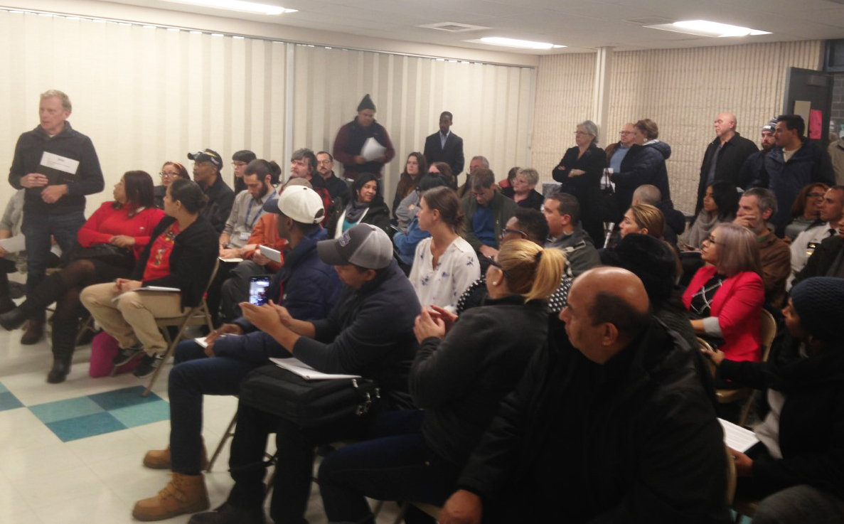 It was standing room only when neighborhood residents met to discuss their opposition to a planned waste transfer station on Allens Avenue at the Washington Park Center on Wednesday, Jan. 8.