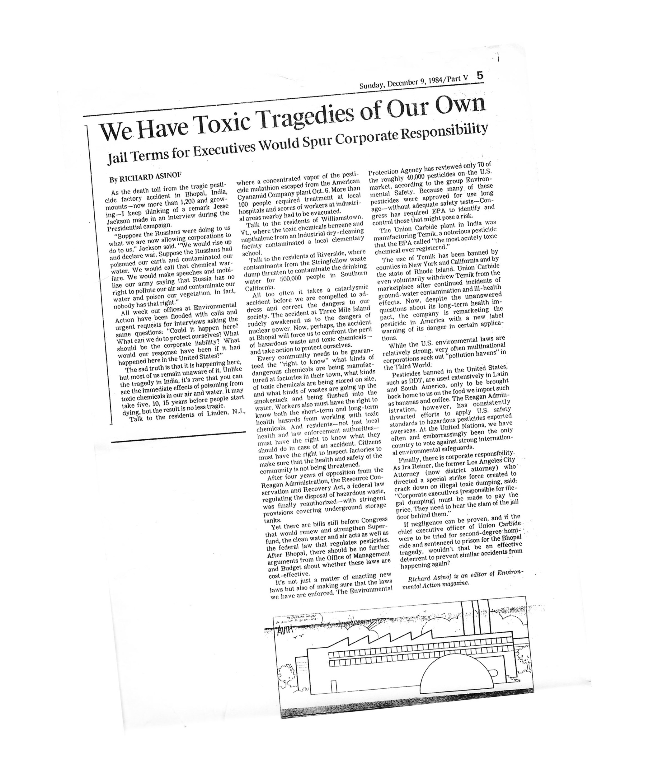 The op-ed in the Los Angeles times from December of 1984, entitled: "We Have Toxic Tragedies of Our Own."