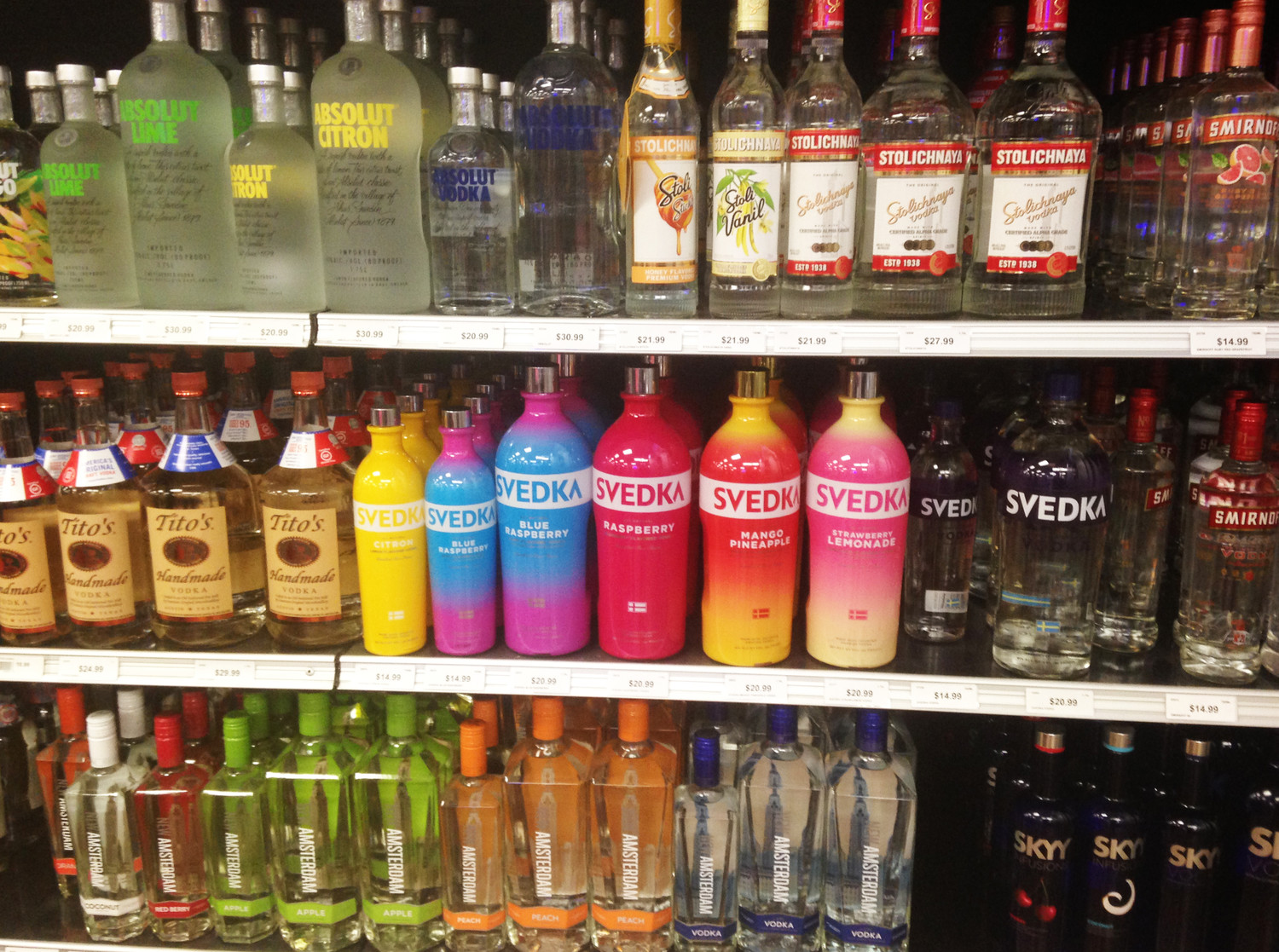 Shelves of vodka on display at a local liquor store in Providence.