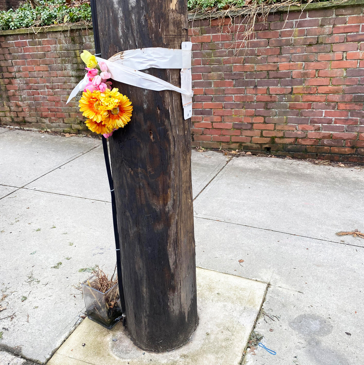 The impromptu memorial on Olney Street in Providence for Miya Brophy-Baermann, who was murdered in a drive-by shooting in 2021.